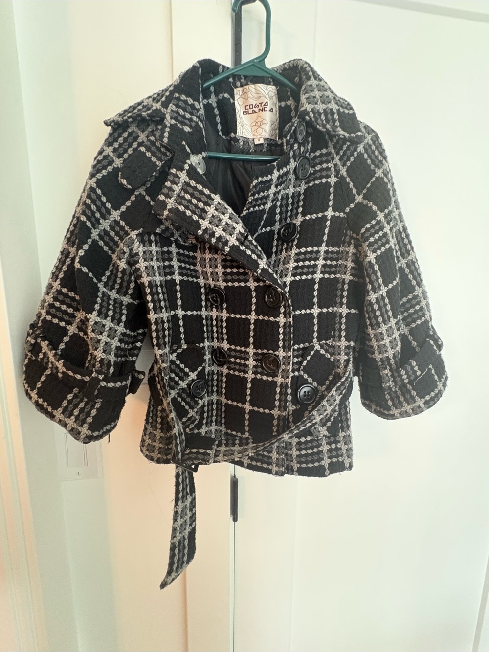 Costa Blanca Black and White Plaid Double-Breasted Pea Coat